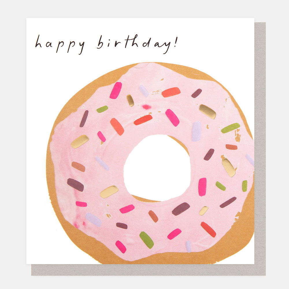 ring doughnut with pink icing and sprinkles happy birthday card