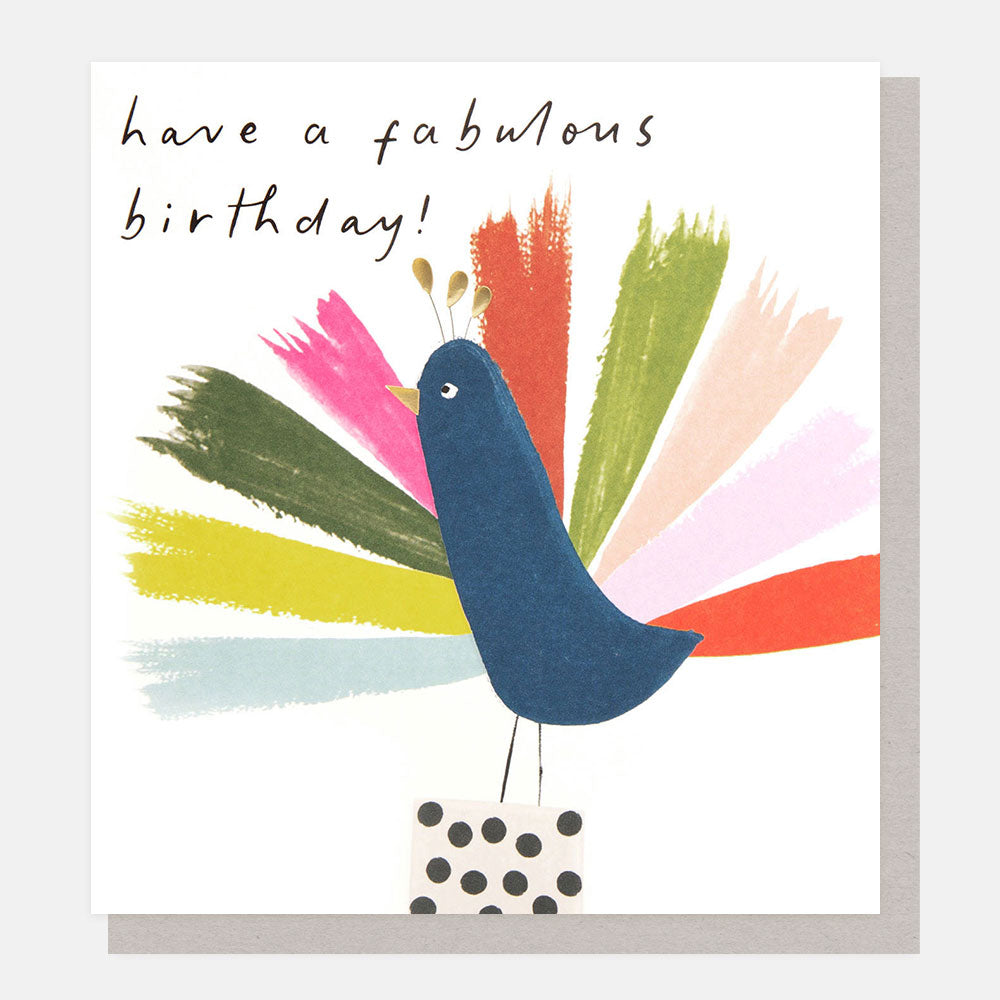 colourful peacock standing on a spotty box have a fabulous birthday card