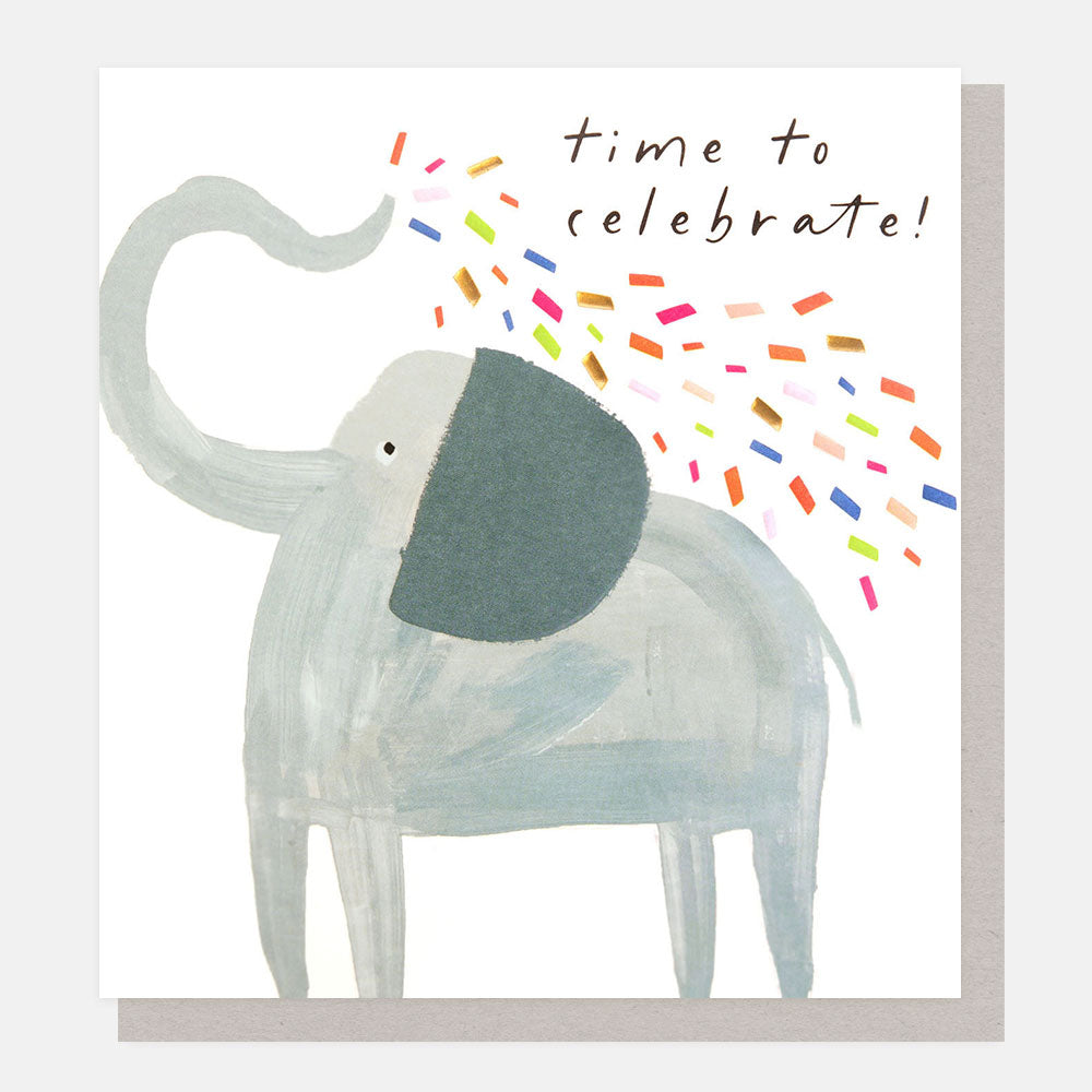 elephant spraying confetti from it's trunk 'time to celebrate' card, ideal as a birthday or congratulations card