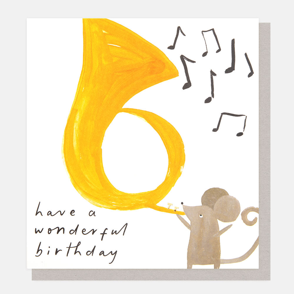 mouse playing a French horn have a wonderful birthday card