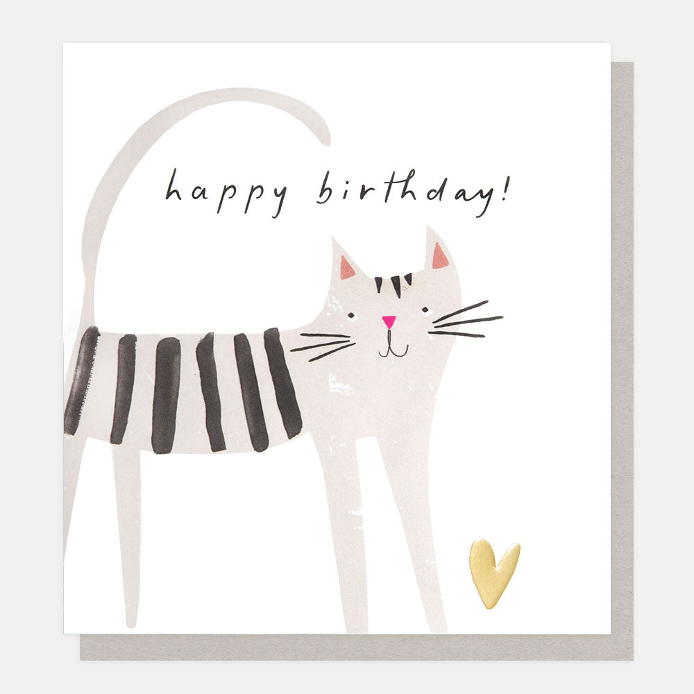 grey stripy cat with gold heart happy birthday card