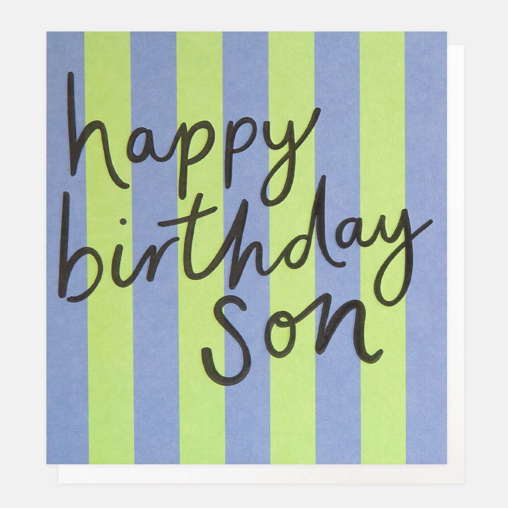 birthday card featuring the message 'happy birthday son' on cursive black lettering over a blue and green striped background
