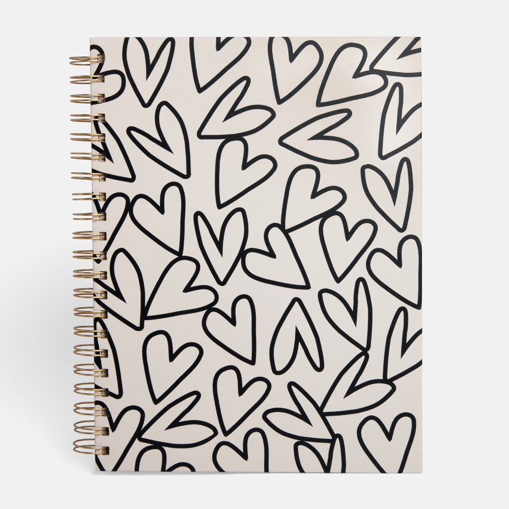 monochrome hearts print spiral bound A4 hardback notebook
