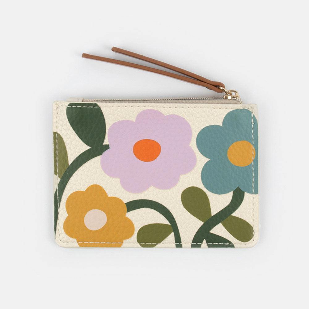 multi coloured floral print leather look short patch purse