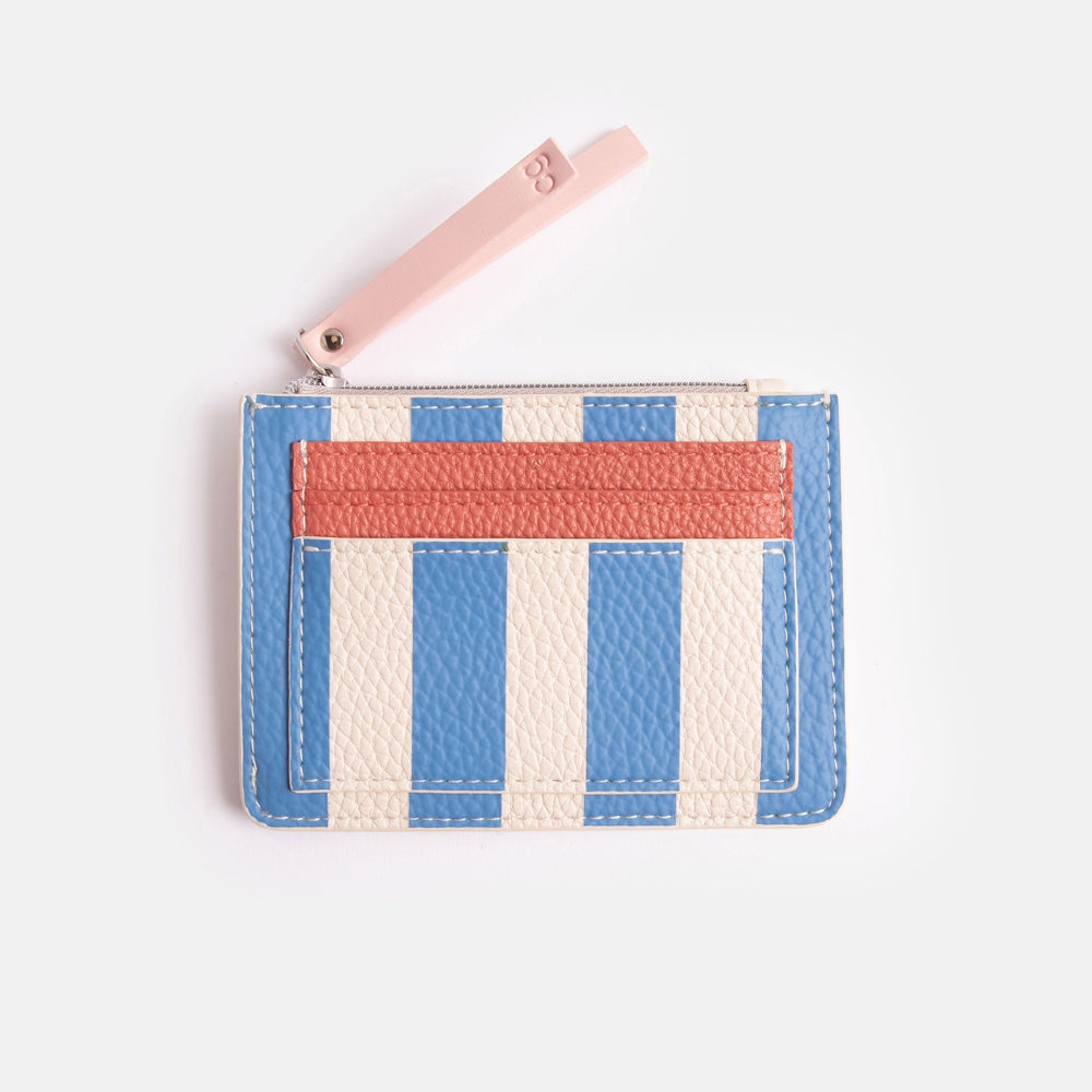 leather look PU short patch purse in blue stripe design with 3 card slots and zipped coin section