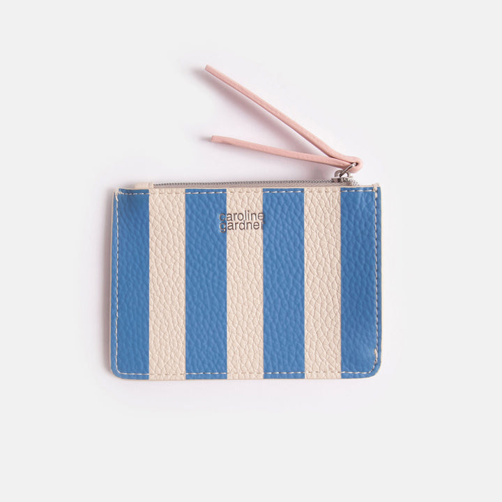 leather look PU short patch purse in blue stripe design with 3 card slots and zipped coin section