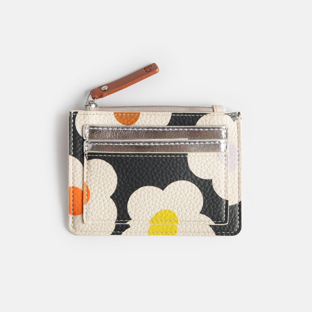 leather look PU short patch purse in cream flowers on a charcoal background design with 3 card slots and zipped coin section