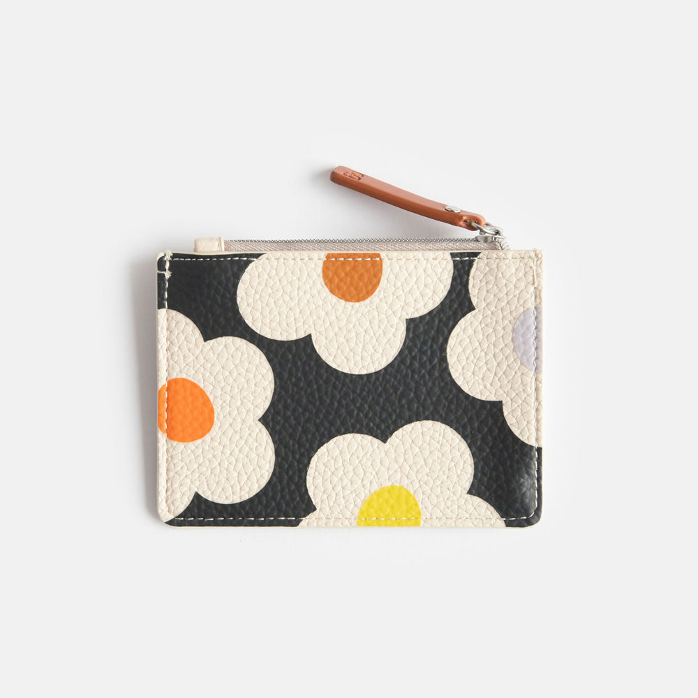 leather look PU short patch purse in cream flowers on a charcoal background design with 3 card slots and zipped coin section