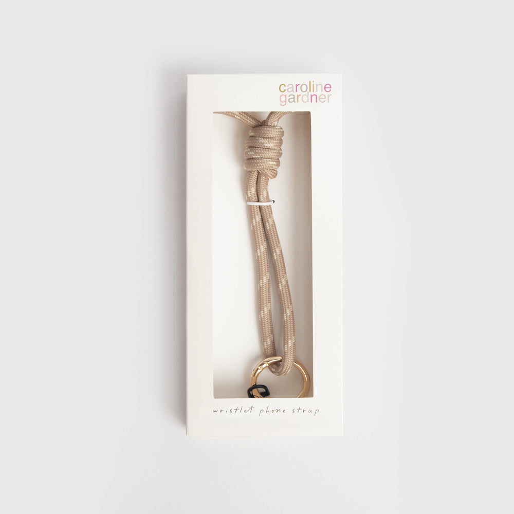 taupe & white cord short phone strap in 'caroline gardner' branded box