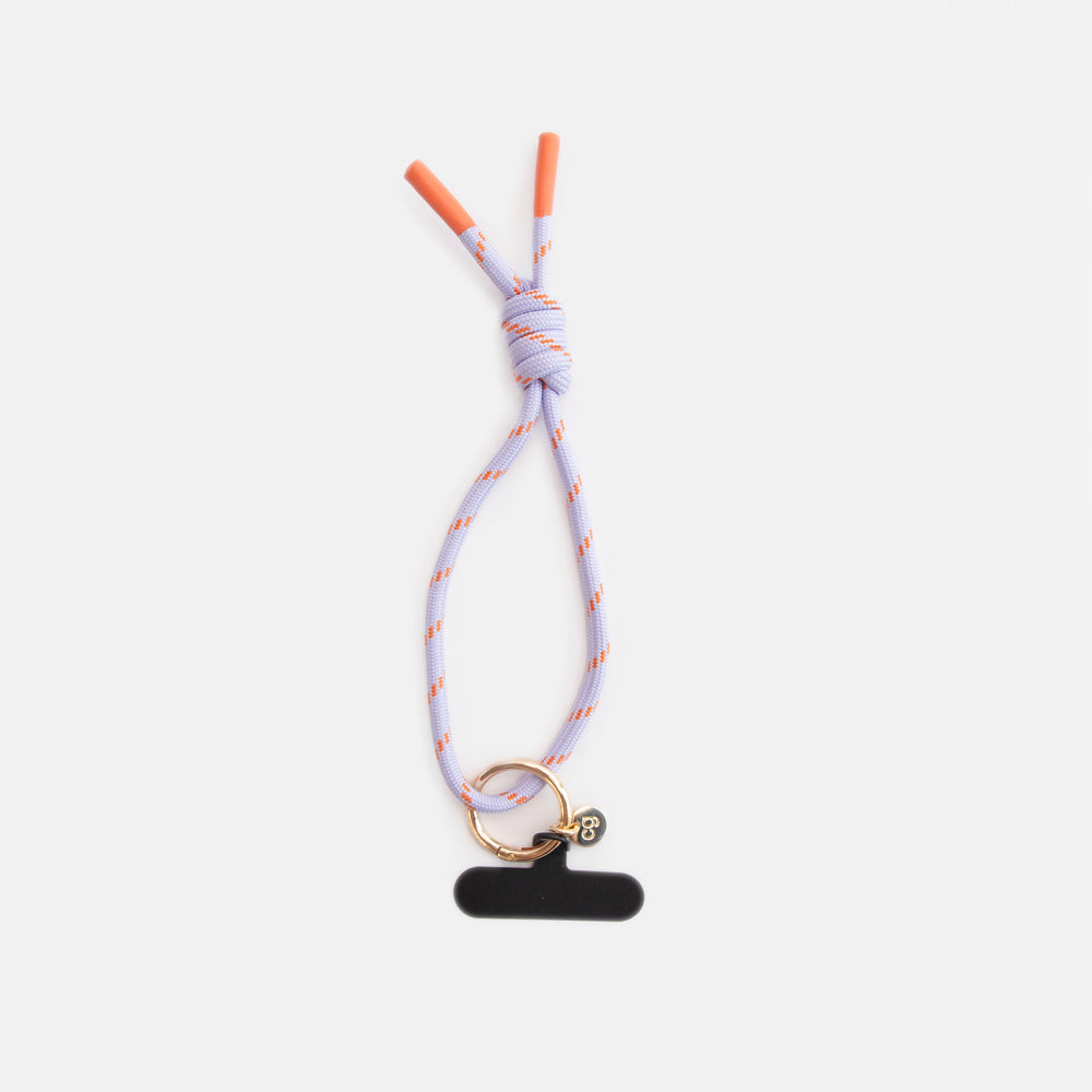 lilac & orange cord short phone strap with gold o-ring and black universal adapter