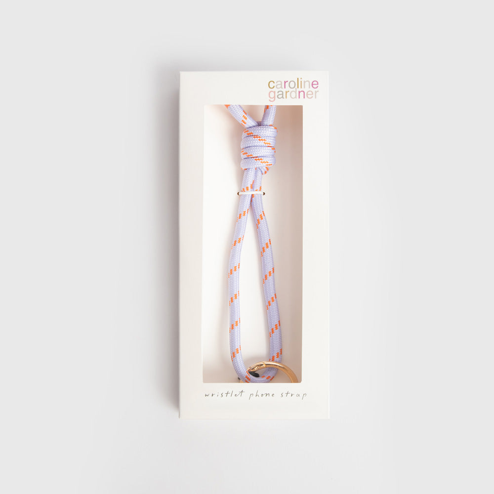 lilac & orange cord short phone strap with gold o-ring and black universal adapter in 'caroline gardner' branded box
