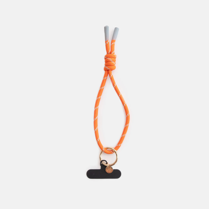 orange & light blue cord short phone strap with gold o-ring and black universal adapter