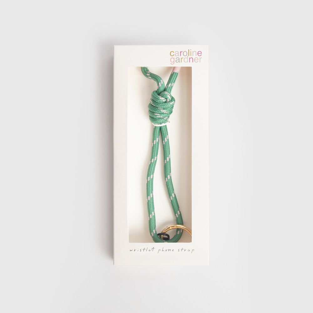 green & pink cord phone wristlet strap in 'caroline gardner' branded box