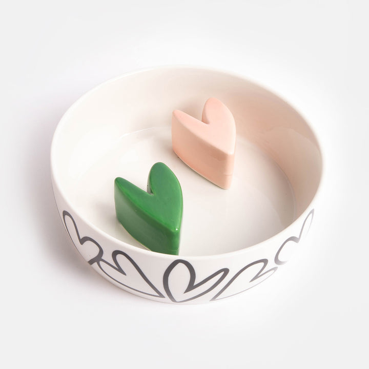 small ceramic slow feeder dog bowl with heart print design