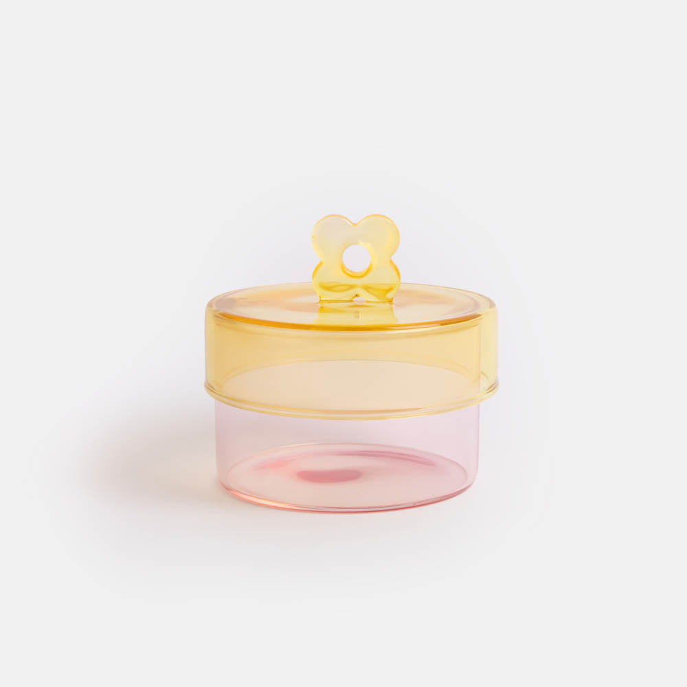 pink & yellow hand blown glass storage jar