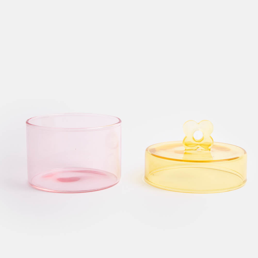 pink & yellow hand blown glass storage jar