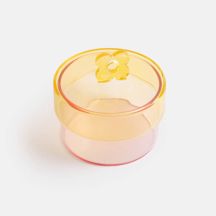 pink & yellow hand blown glass storage jar