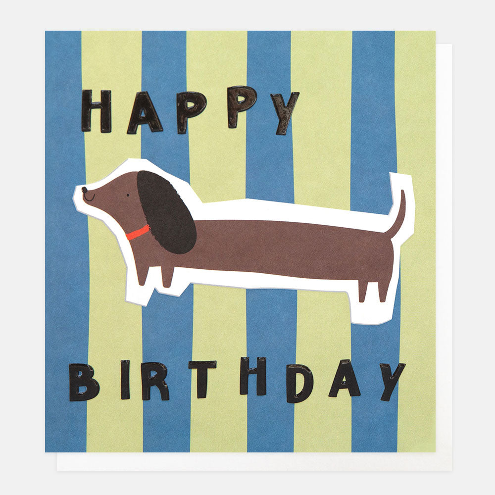 Birthday card with a dachshund illustration on a striped background