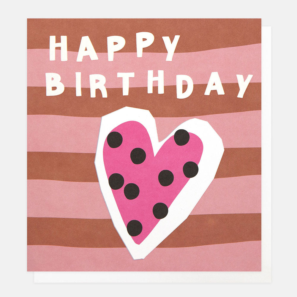 birthday card featuring a pink heart with black spots on a pink & red striped background