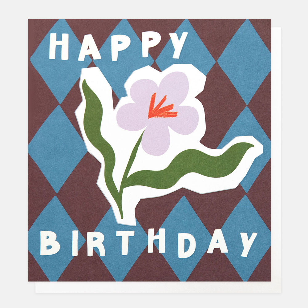 Happy Birthday card with a stylized flower on a checkered background
