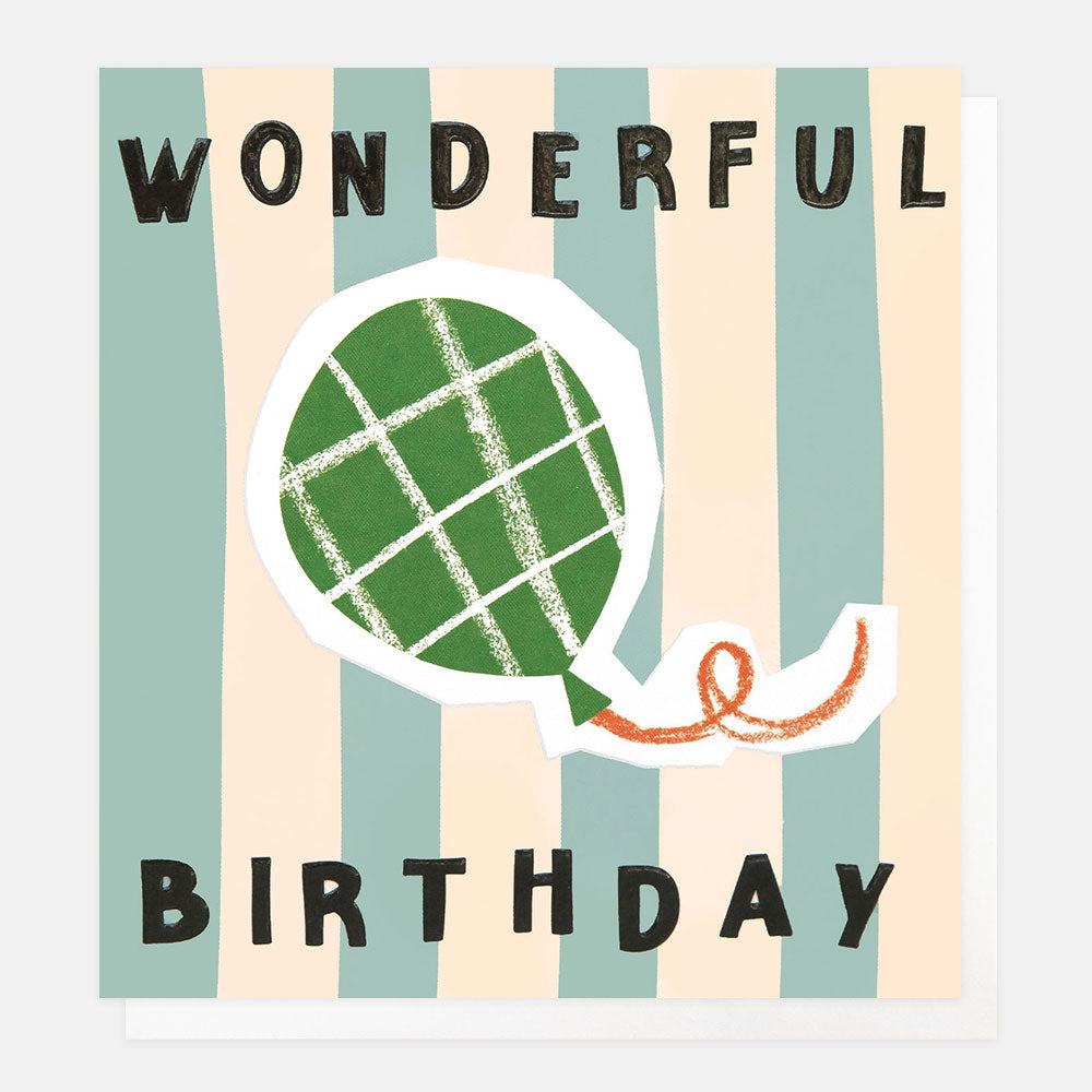 Birthday card with green checkered ball and striped background