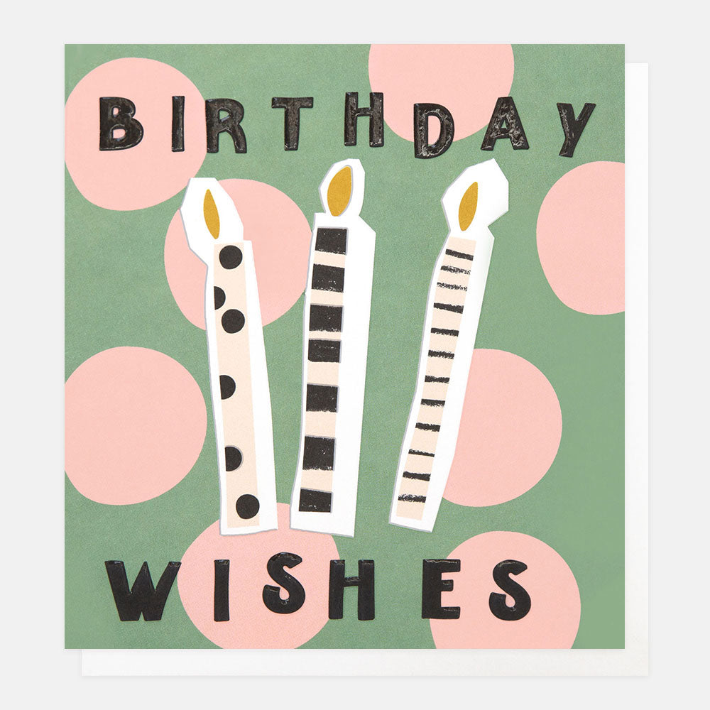 Card with birthday candles and 'Birthday Wishes' text on a green background with pink circles.