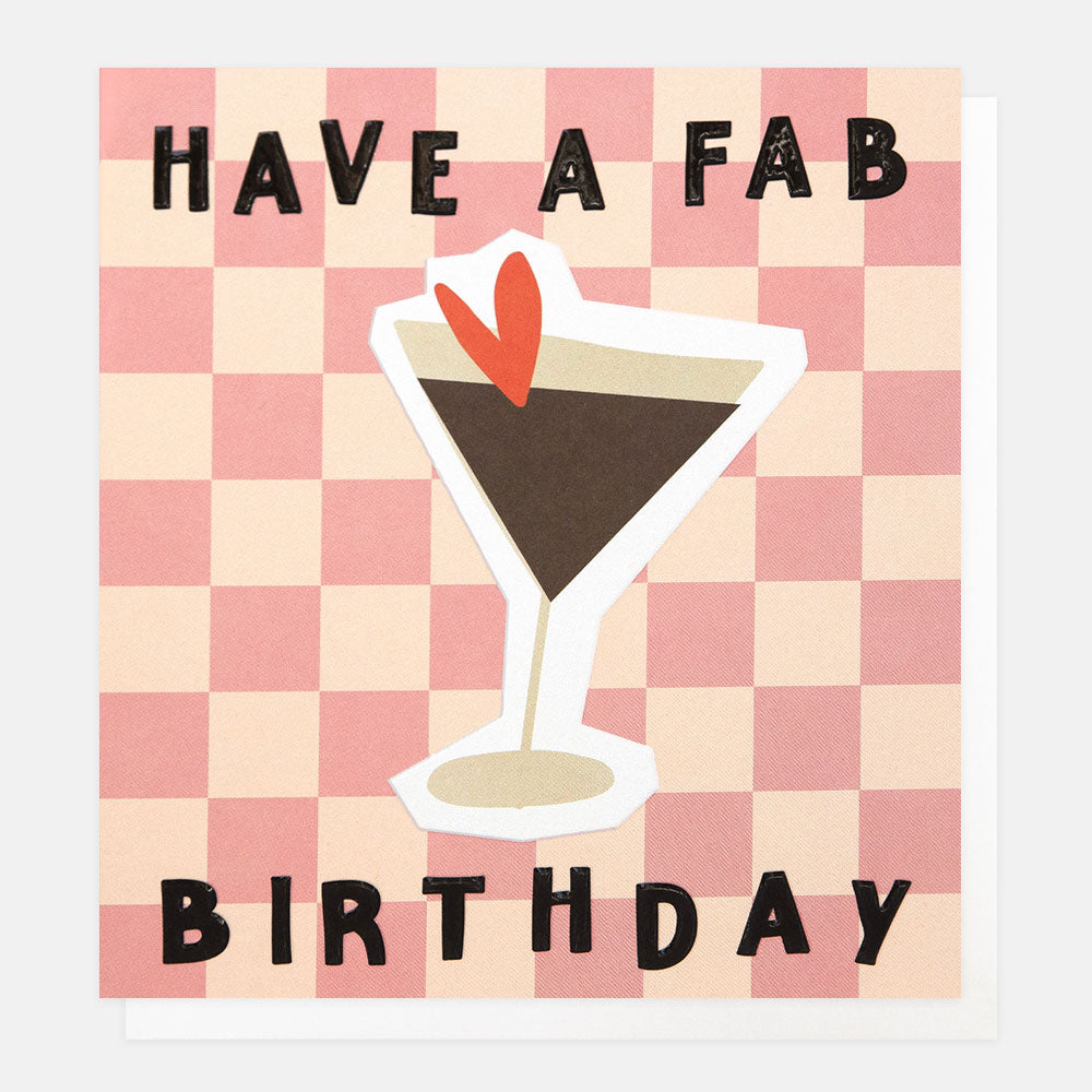 Birthday card with a cocktail illustration and 'Have a fab birthday' text on a checkered background