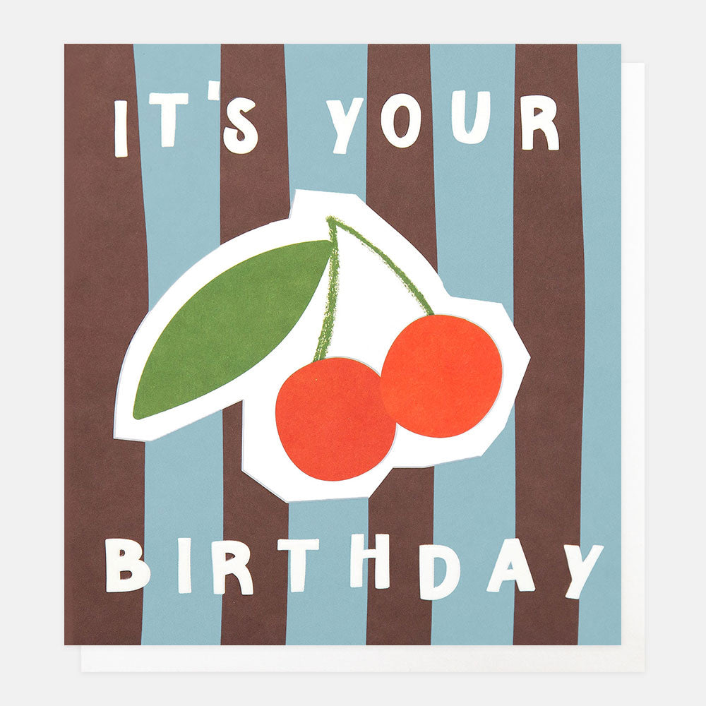 Birthday card with a cherries illustration on a striped background and the text 'it's your birthday' 