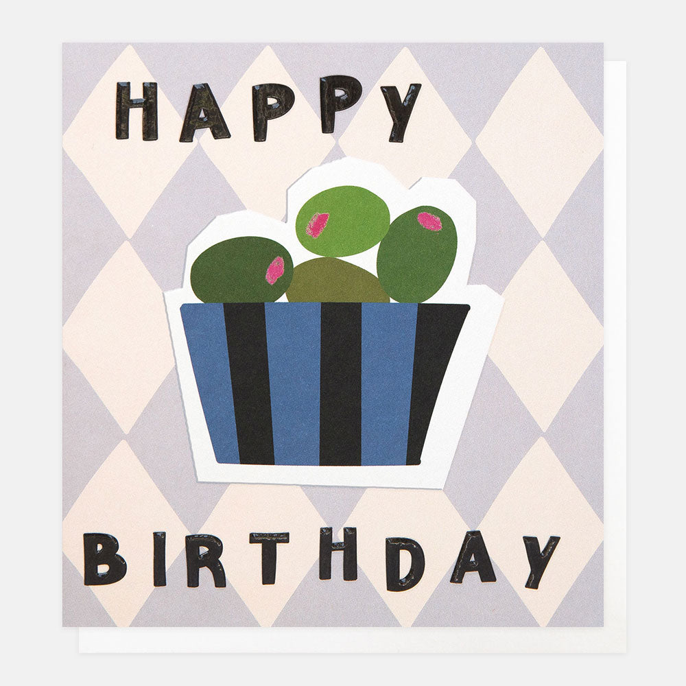 birthday card featuring a drawing of a stripey bowl of green olives on a lilac & cream diamond checked background with the text 'happy birthday'