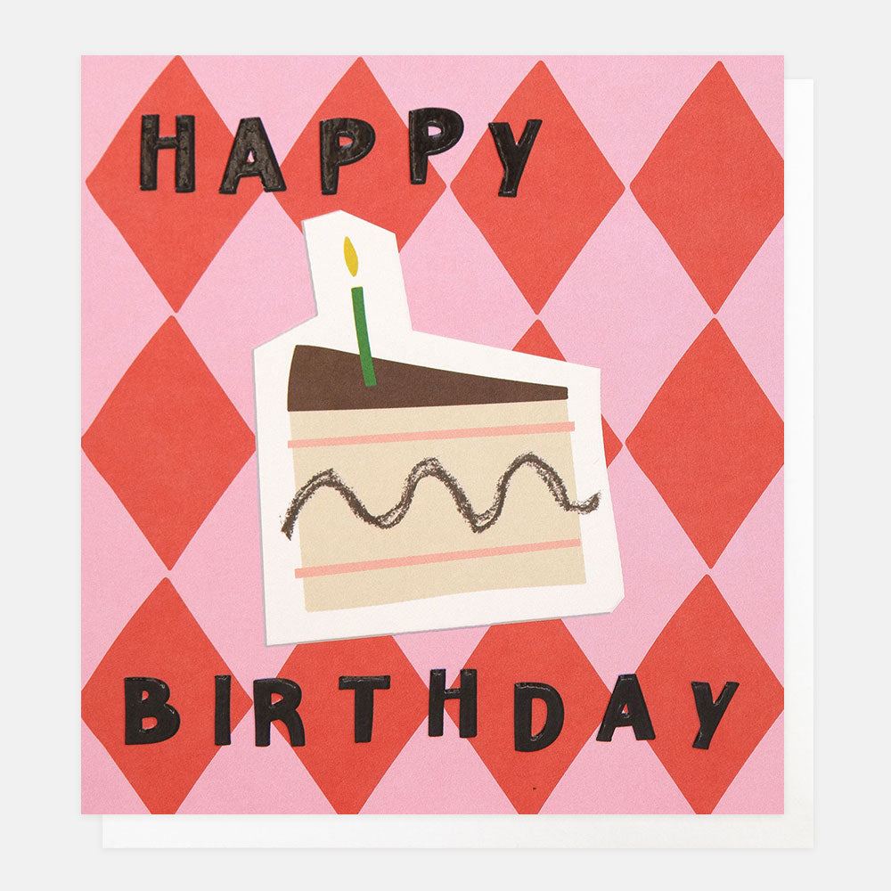Happy Birthday card with cake illustration and pink geometric pattern