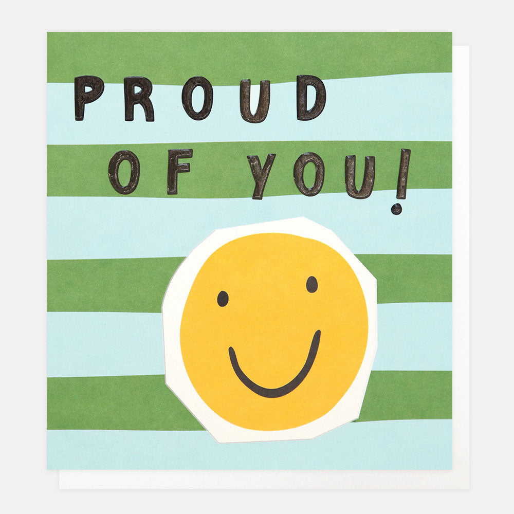 Card with 'PROUD OF YOU!' text and a smiley face on a striped background