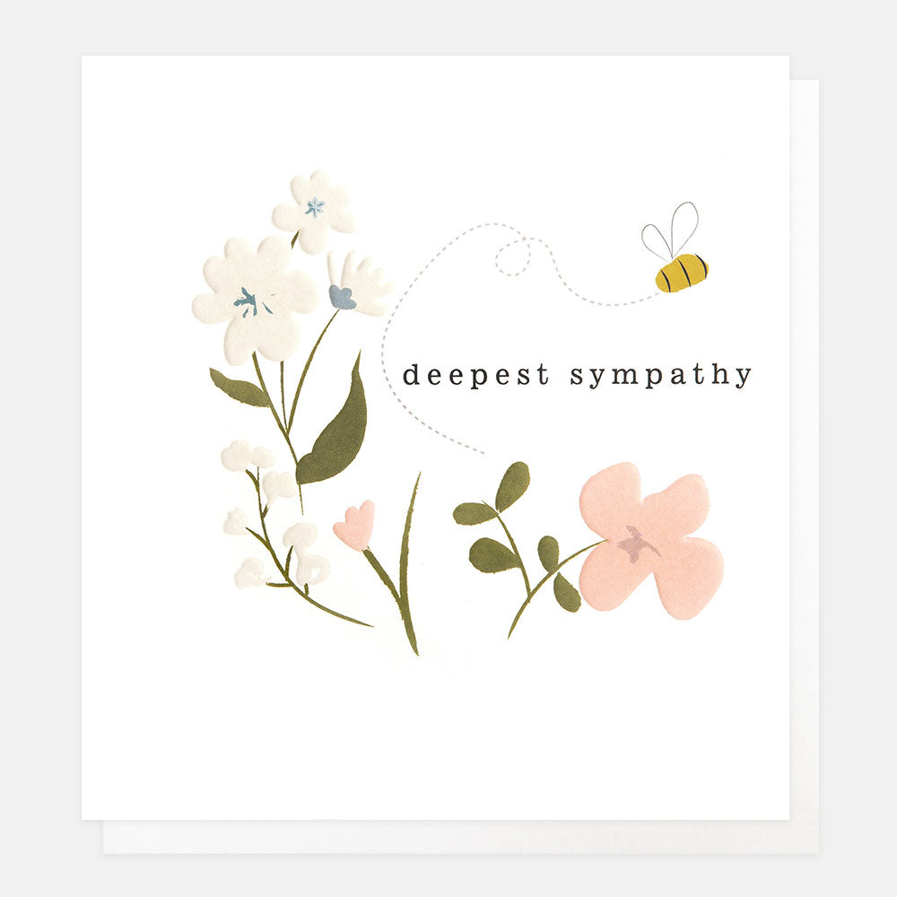 pink & white flowers and a bee, deepest sympathy card