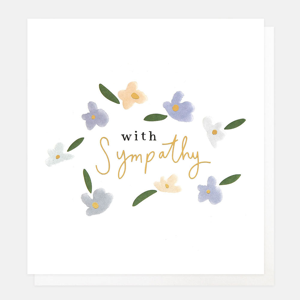 sympathy card featuring small blue and cream flowers and 'with sympathy' message