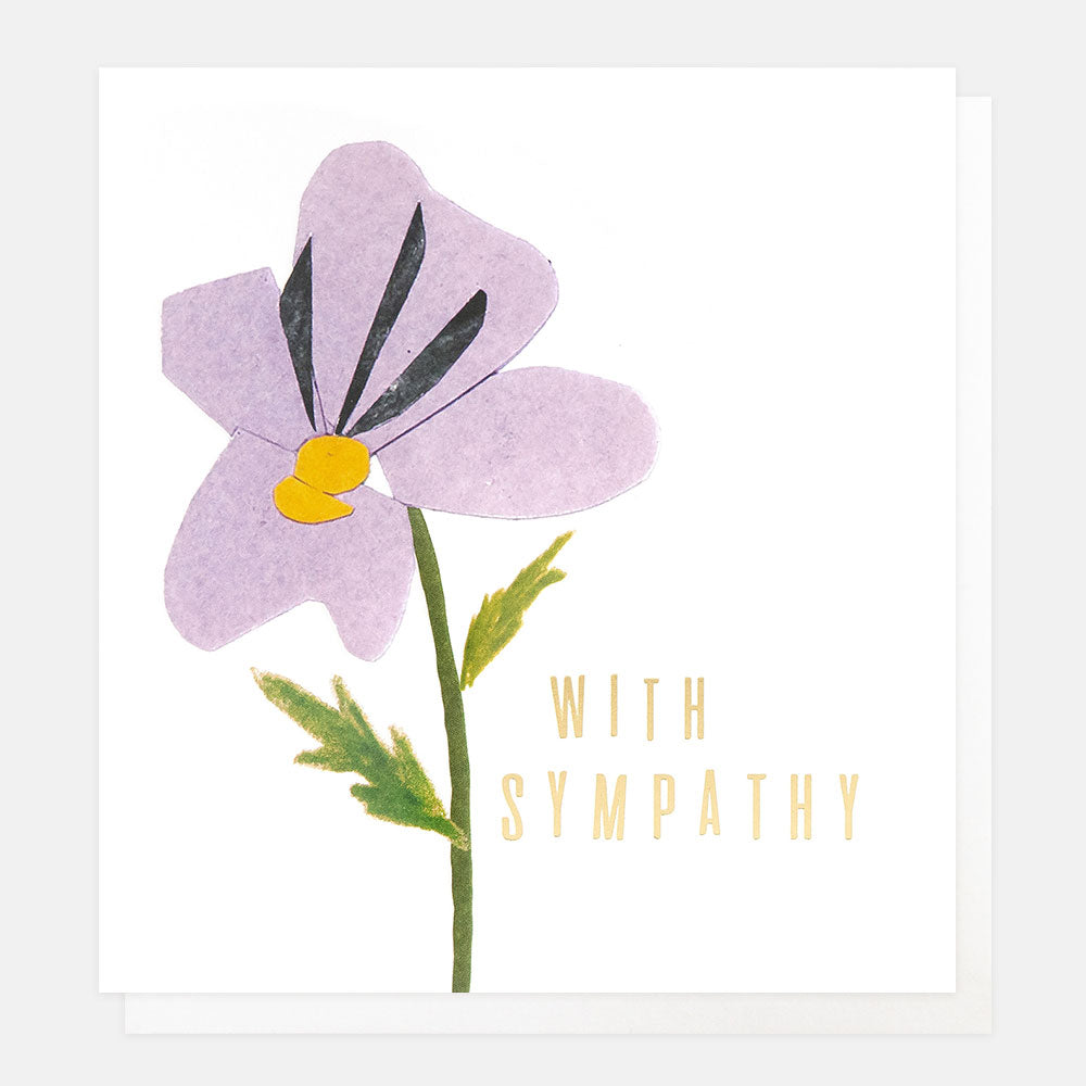 greetings card featuring a lilac coloured flower and the text 'with sympathy' in gold on a white background 