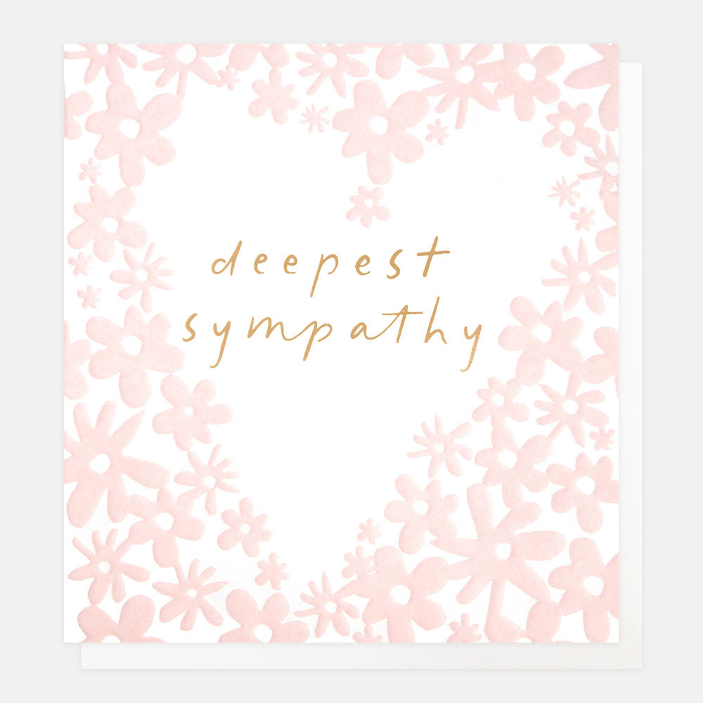 greetings card with pink flowers in a heart shape and the text 'deepest sympathy' in gold foil