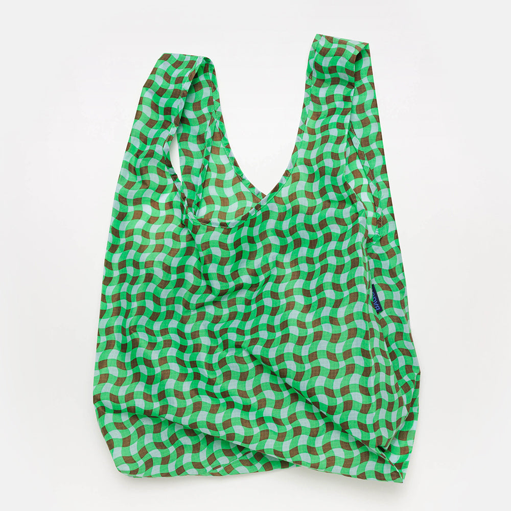 green wavy gingham recycled nylon shopper tote bag by Baggu