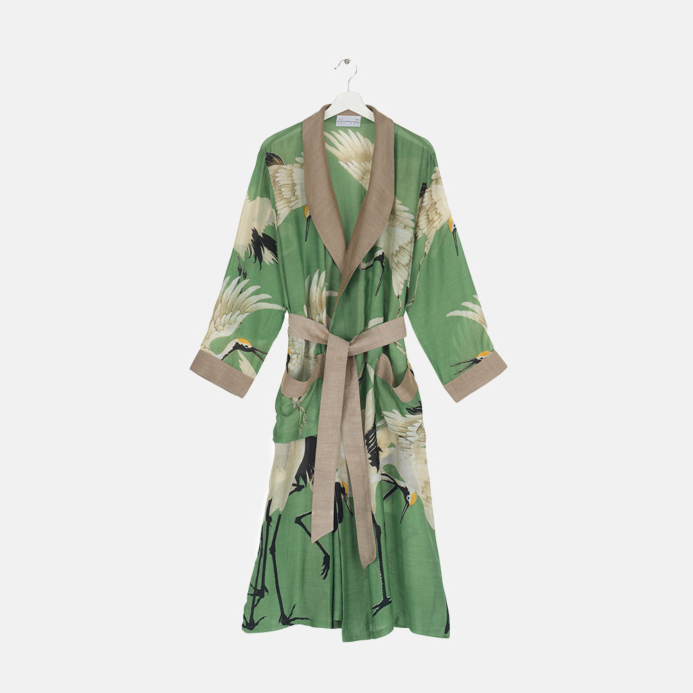 women's pea green stork print lightweight dressing gown, by One Hundred Stars