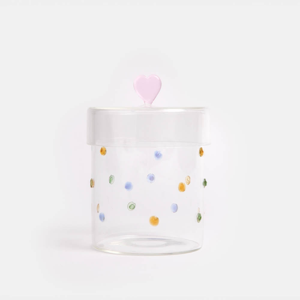 hand blown glass storage jar with colourful textured dots & pink heard lid handle