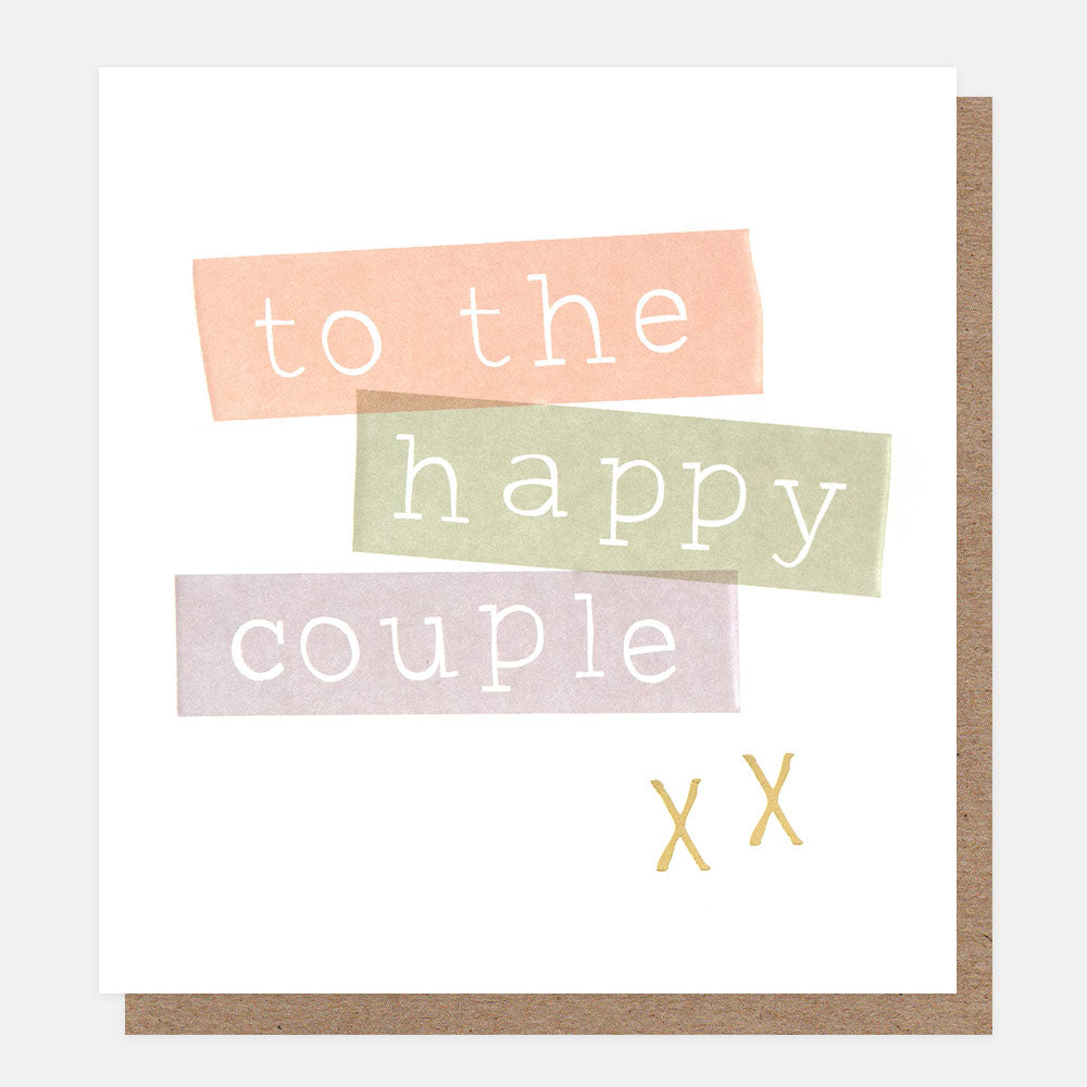 wedding card featuring text 'to the happy couple' in colourful blocks on a white background