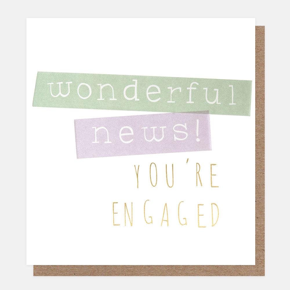 engagement card featuring the text 'wonderful news! you're engaged' in colourful blocks on a white background