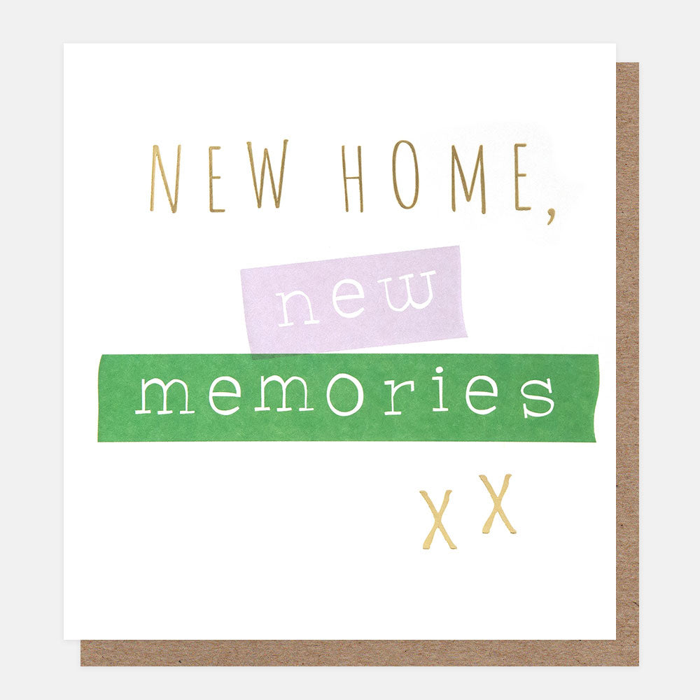 greetings card featuring the text 'new home new memories' in colourful blocks on a white background