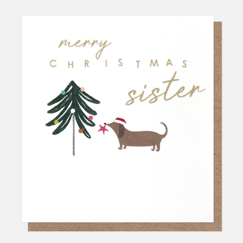 Merry Christmas Sister Sausage Dog With Tree Card