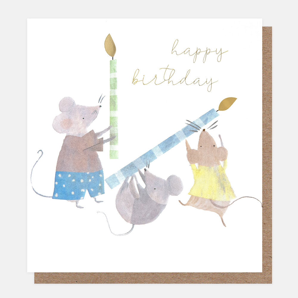birthday card featuring a design of three mice holding blue and green striped candles on a white background, with the text happy birthday in gold script