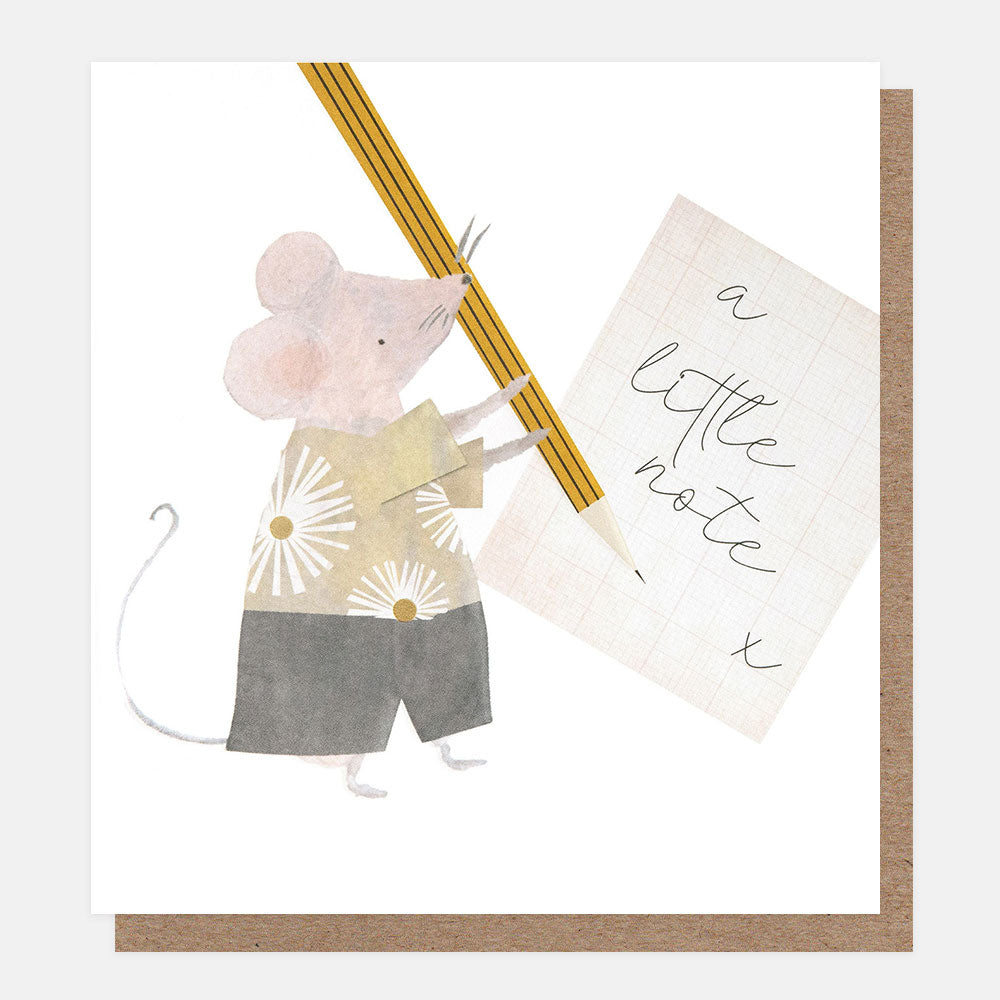 greetings card featuring a mouse holding a pencil writing 'a little note' on a piece of paper