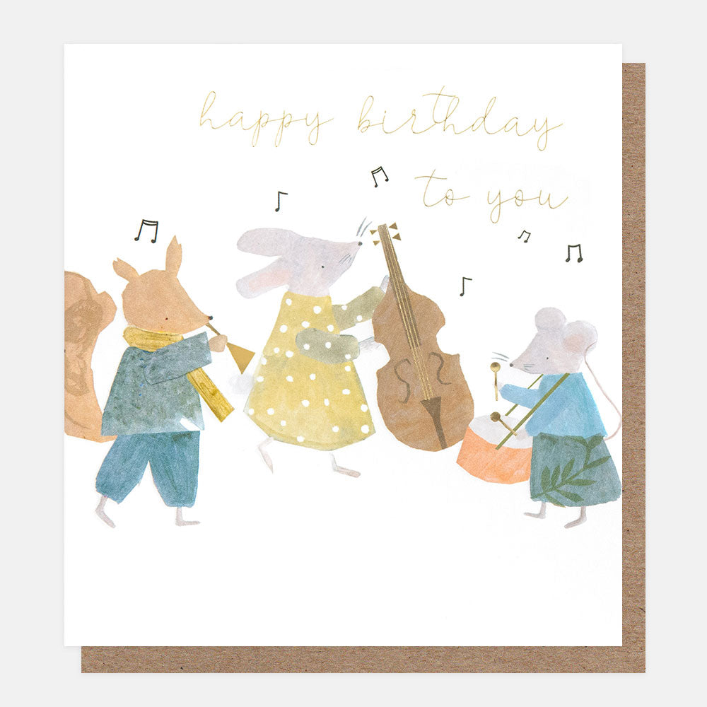birthday card featuring a band of musical animals with a mouse playing a drum, a rabbit playing a cello, and a fox playing a horn. 