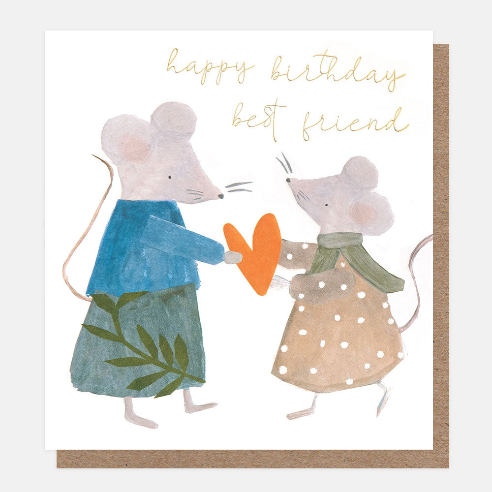 birthday card featuring two mice holding an orange heart and the words 'happy birthday best friend' in gold script