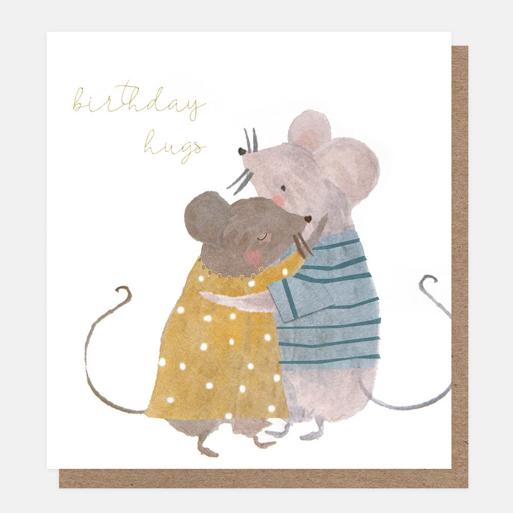 birthday card featuring two mice hugging and the words 'birthday hugs' in gold script
