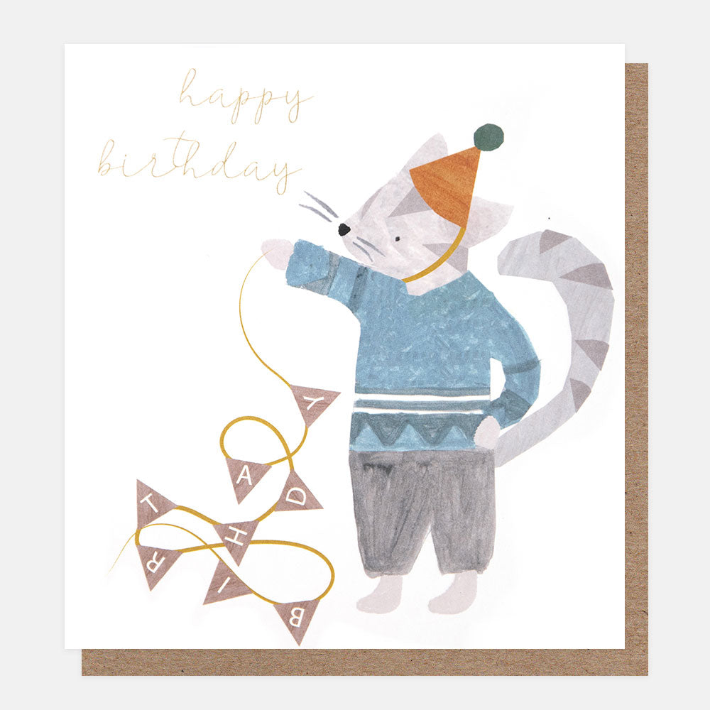 birthday card featuring a grey cat dressed in blue top and trousers and a party hat, and holding some birthday bunting