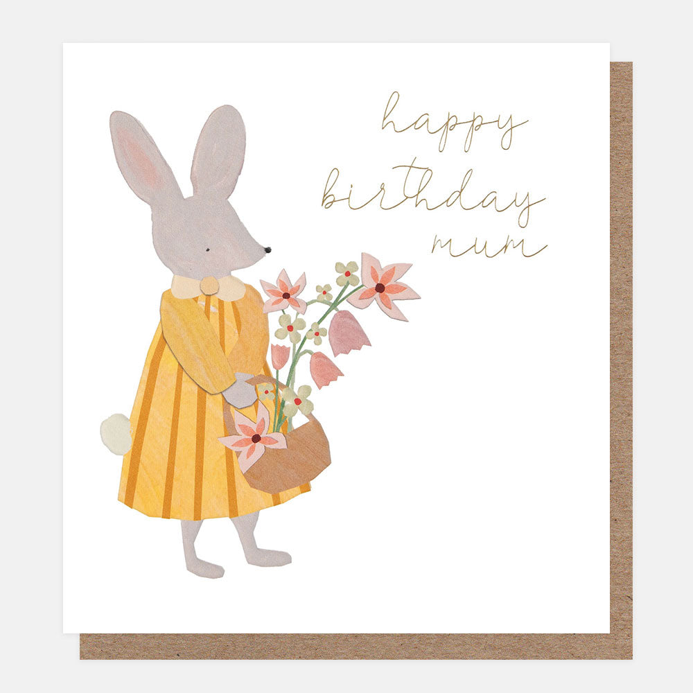 Greeting card with a rabbit in a yellow dress holding flowers and 'happy birthday mum' text.