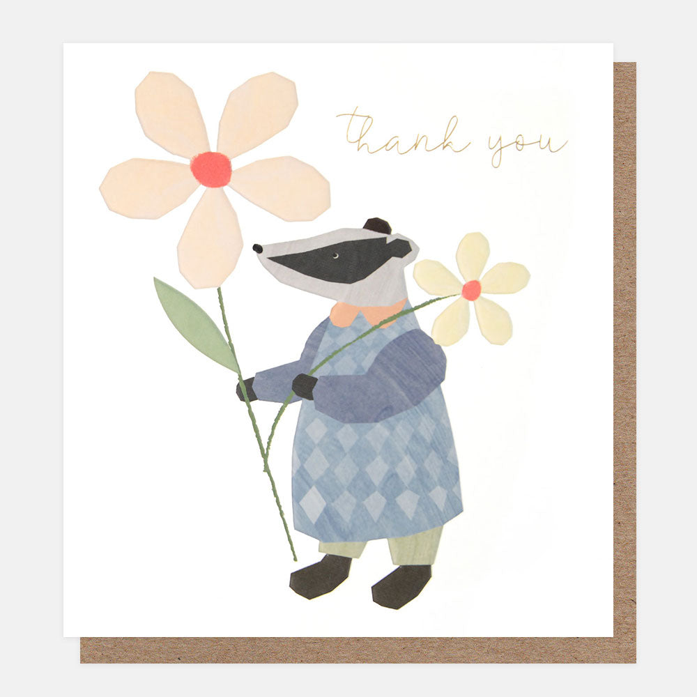thank you card featuring a badger holding flowers on a white background